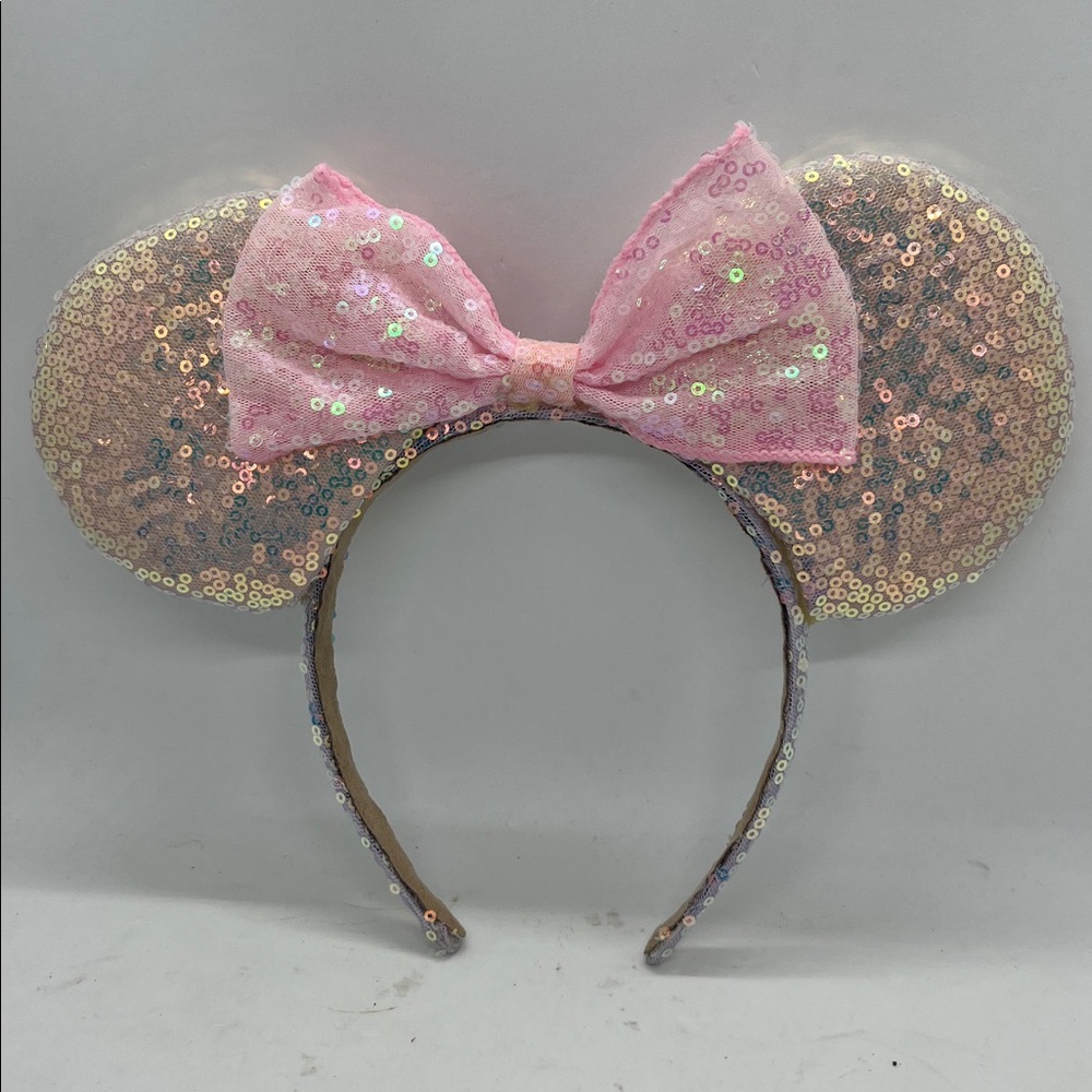 Sequined Mickey Minnie Ears Pink Bow Ribbon Preowned